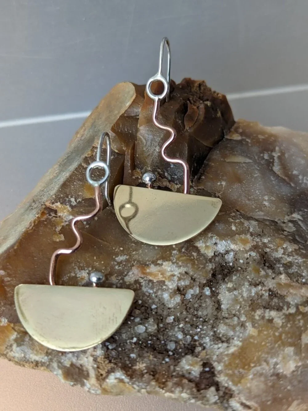 Deb Collins Artisan Copper/Brass/Sterling Silver Abstract Dangle Earrings